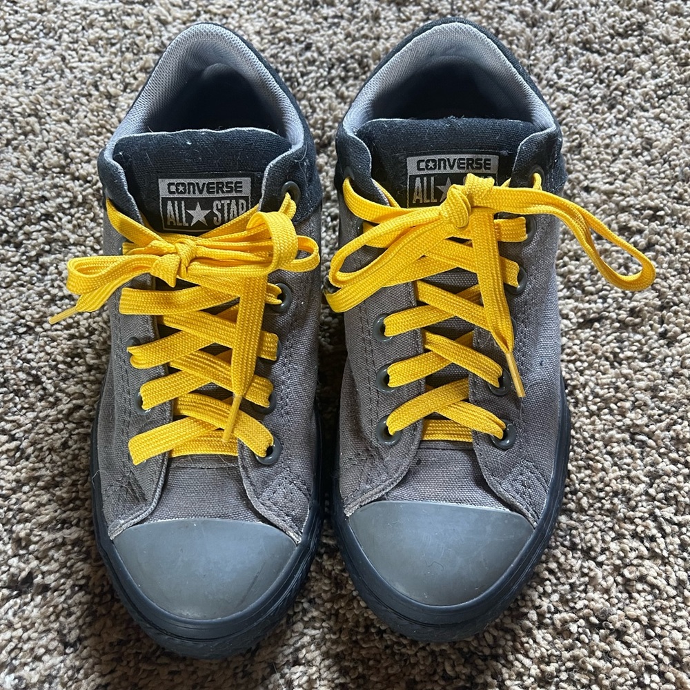 Boys size 5 Grey & Black Converse sneakers with gold laces.